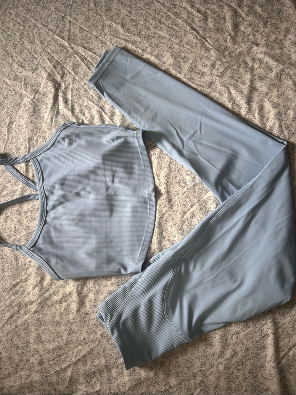 Light Blue Ribbed Active Leggings and Crop Tank Set